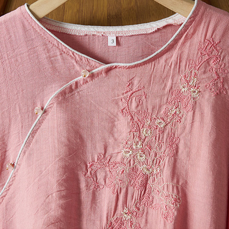 Camisa informal de lino y algodón con manga tres cuartos y diseño de flores bordadas con botones de rana para mujer - image 21