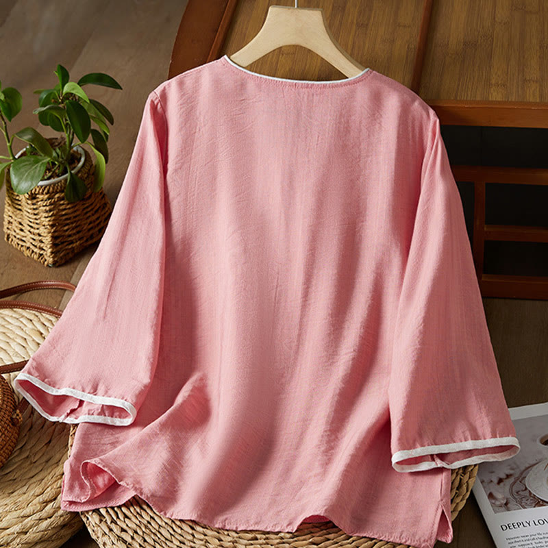 Camisa informal de lino y algodón con manga tres cuartos y diseño de flores bordadas con botones de rana para mujer - image 19