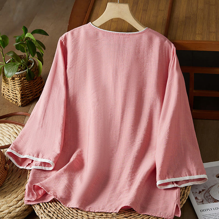 Camisa informal de lino y algodón con manga tres cuartos y diseño de flores bordadas con botones de rana para mujer - image 19