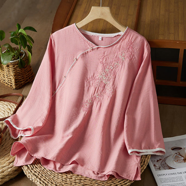 Camisa informal de lino y algodón con manga tres cuartos y diseño de flores bordadas con botones de rana para mujer - Rosa claro - US12, UK/AU16, EU44 (3XL) - image 18