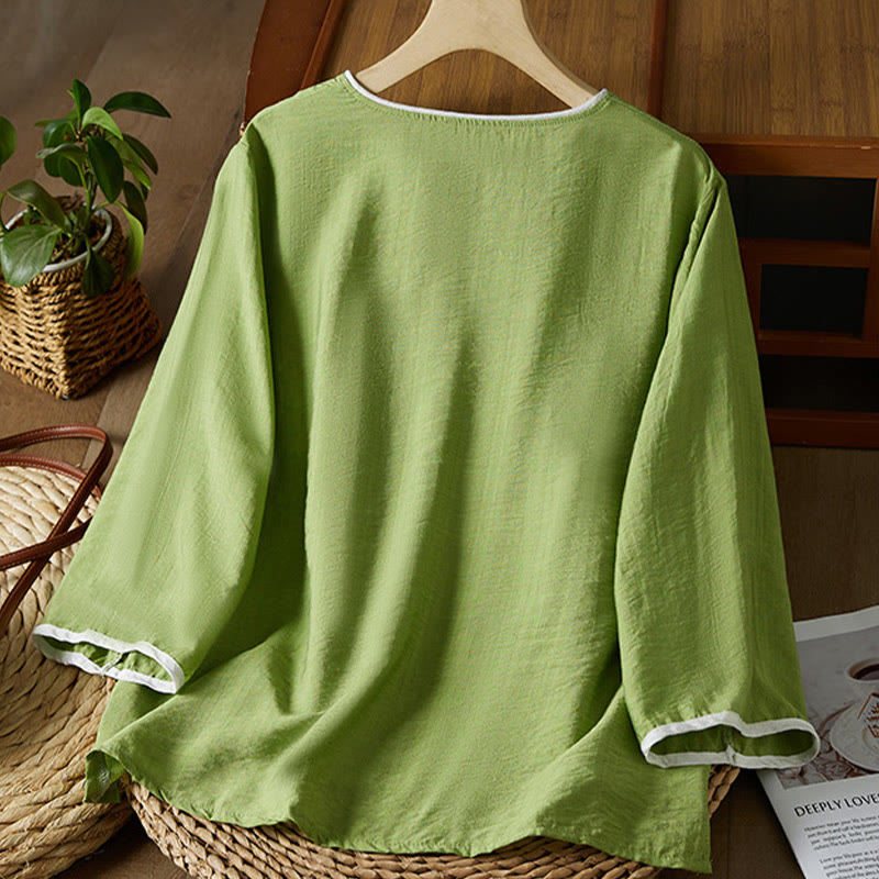 Camisa informal de lino y algodón con manga tres cuartos y diseño de flores bordadas con botones de rana para mujer - image 26