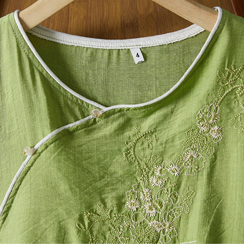 Camisa informal de lino y algodón con manga tres cuartos y diseño de flores bordadas con botones de rana para mujer - image 29