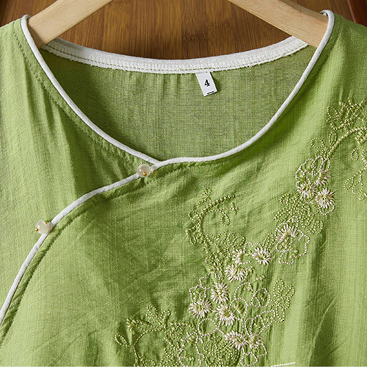 Camisa informal de lino y algodón con manga tres cuartos y diseño de flores bordadas con botones de rana para mujer - image 29