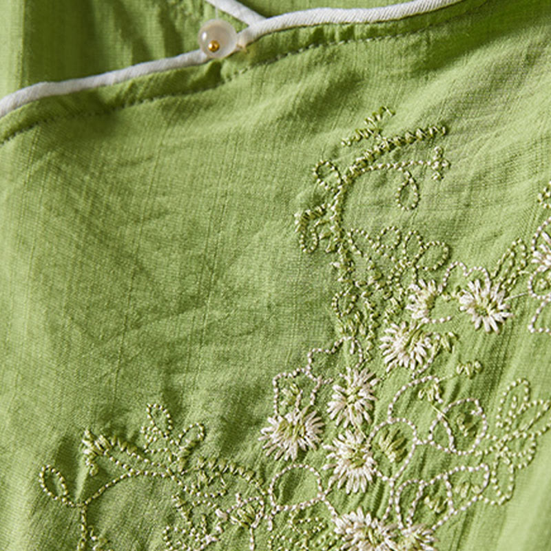 Camisa informal de lino y algodón con manga tres cuartos y diseño de flores bordadas con botones de rana para mujer - image 27