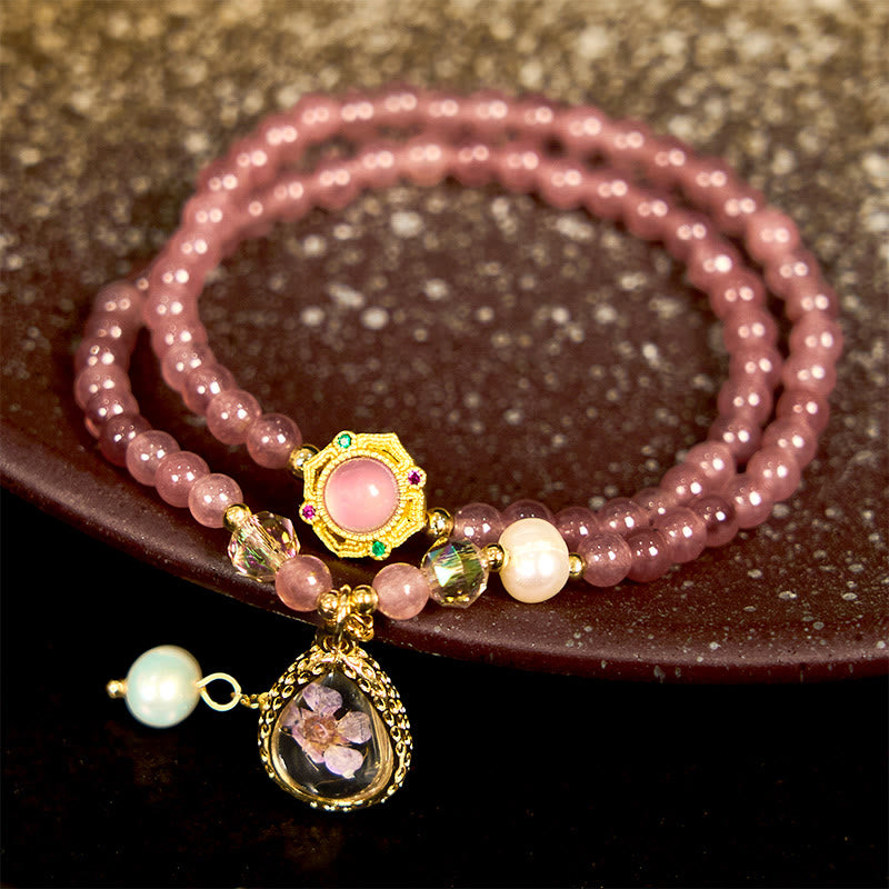 Pulsera de doble vuelta con cuentas de cristal de cuarzo Buddha Stones natural, perla, mariposa y gota de agua