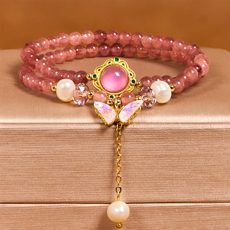Pulsera de doble vuelta con cuentas de cristal de cuarzo Buddha Stones natural, perla, mariposa y gota de agua