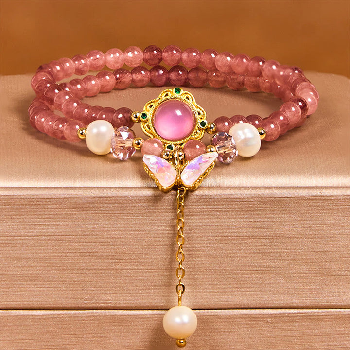 Pulsera de doble vuelta con cuentas de cristal de cuarzo Buddha Stones natural, perla, mariposa y gota de agua