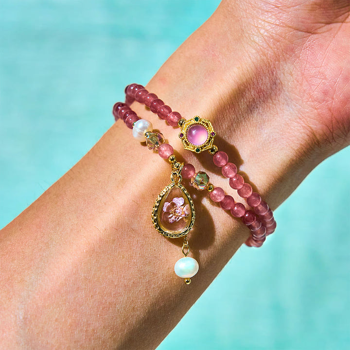 Pulsera de doble vuelta con cuentas de cristal de cuarzo Buddha Stones natural, perla, mariposa y gota de agua