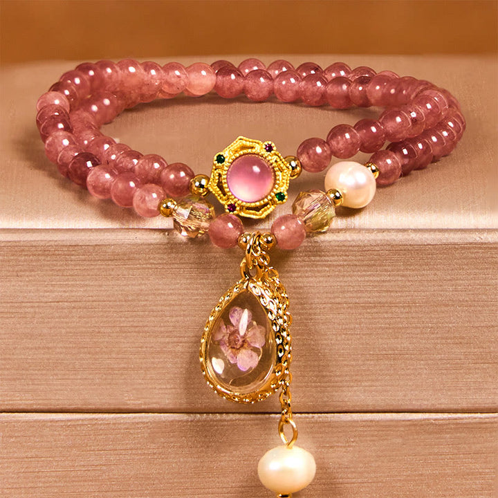 Pulsera de doble vuelta con cuentas de cristal de cuarzo Buddha Stones natural, perla, mariposa y gota de agua