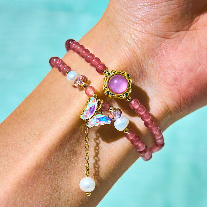 Pulsera de doble vuelta con cuentas de cristal de cuarzo Buddha Stones natural, perla, mariposa y gota de agua