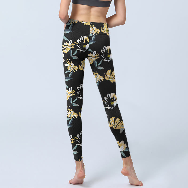 Leggings de yoga para mujer con estampado de flores blancas y amarillas y Buddha Stones - image 6