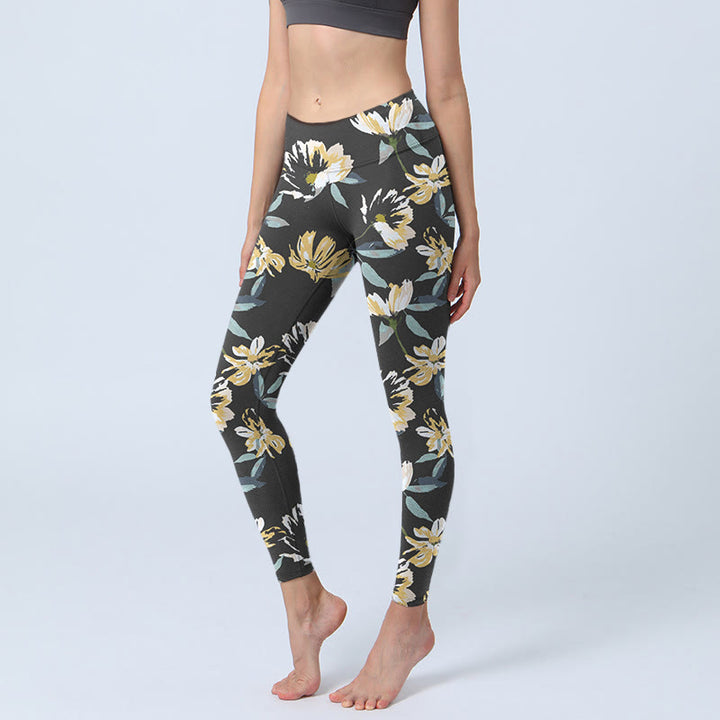 Leggings de yoga para mujer con estampado de flores blancas y amarillas y Buddha Stones - Negro - US18，UK/AU22，EU50 (4XL) - image 0