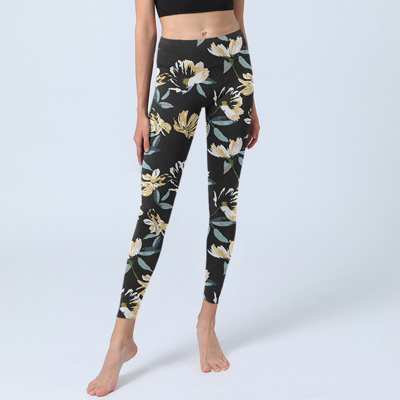 Leggings de yoga para mujer con estampado de flores blancas y amarillas y Buddha Stones - image 6