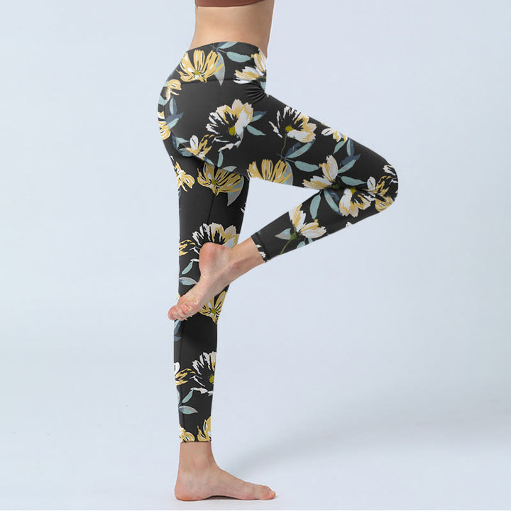 Leggings de yoga para mujer con estampado de flores blancas y amarillas y Buddha Stones - image 5