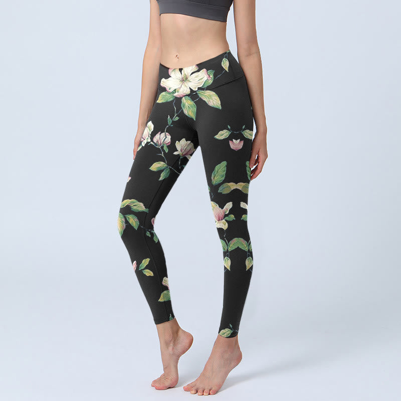 Leggings de yoga para mujer con estampado de flores de magnolia y Buddha Stones - Negro - US18，UK/AU22，EU50 (4XL) - image 1