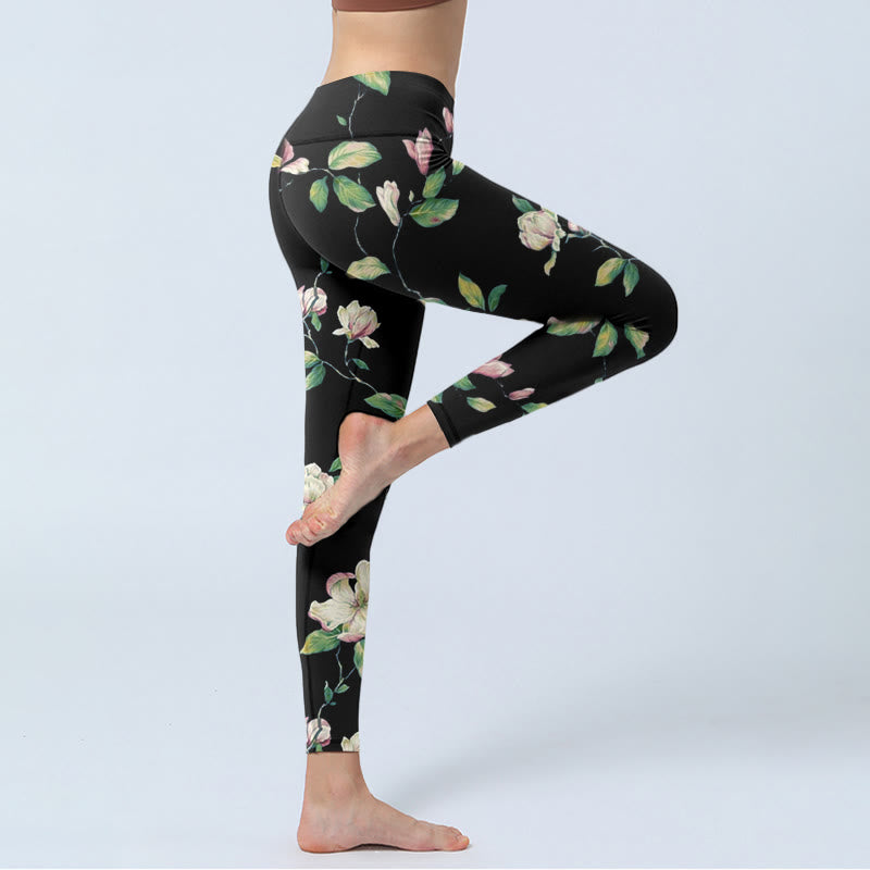 Leggings de yoga para mujer con estampado de flores de magnolia y Buddha Stones - image 4