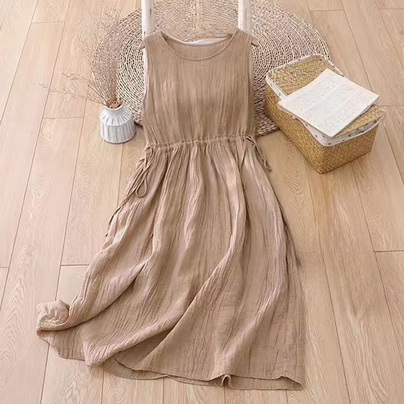 Vestido midi informal sin mangas con bolsillos, estampado Buddha Stones , hecho a mano, con cordón ajustable en la cintura. - image 1