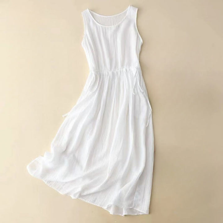 Vestido midi informal sin mangas con bolsillos, estampado Buddha Stones , hecho a mano, con cordón ajustable en la cintura. - Blanco - US8-10，UK/AU12-14，EU40-42 (2XL) - image 8