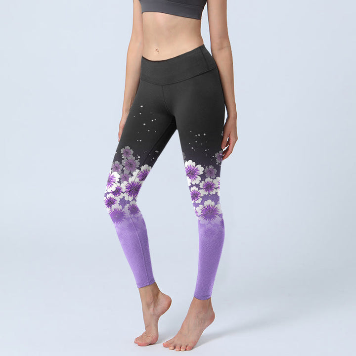 Leggings de yoga para mujer con estampado de flores de cerezo en blanco y morado con Buddha Stones - Negro - US18，UK/AU22，EU50 (4XL) - image 0