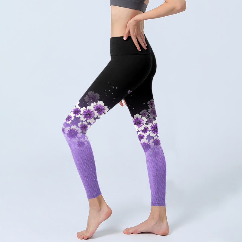 Leggings de yoga para mujer con estampado de flores de cerezo en blanco y morado con Buddha Stones - image 2