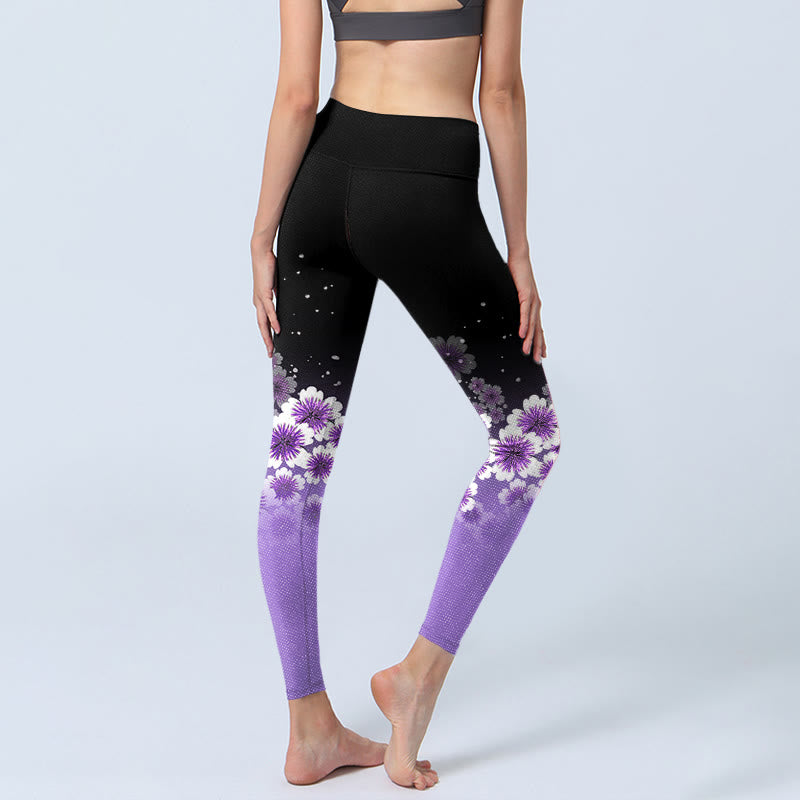 Leggings de yoga para mujer con estampado de flores de cerezo en blanco y morado con Buddha Stones - image 4