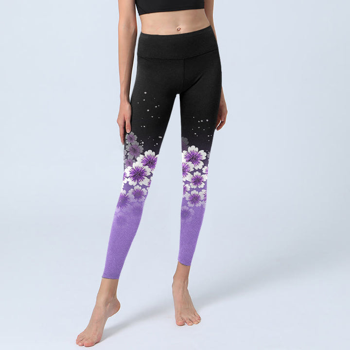 Leggings de yoga para mujer con estampado de flores de cerezo en blanco y morado con Buddha Stones - image 6
