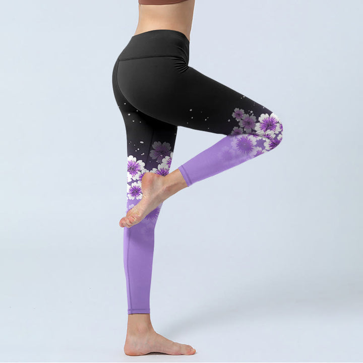 Leggings de yoga para mujer con estampado de flores de cerezo en blanco y morado con Buddha Stones - image 5