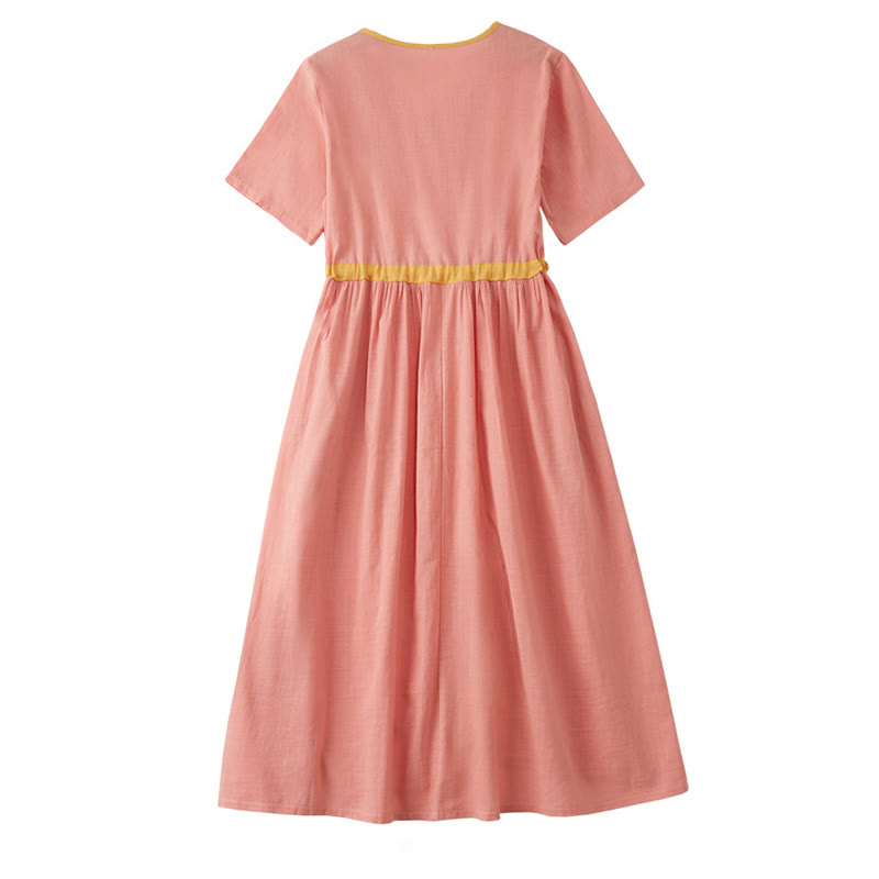 Vestido midi de verano con cuello en V, manga corta y diseño informal con cordones y costuras de color Buddha Stones - image 1