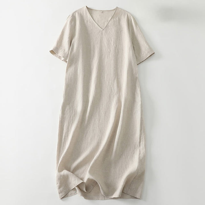 Vestido midi informal de verano con diseño sencillo, cuello en V, manga corta, de algodón y lino, con bolsillos y estampado de Buddha Stones - Beige - US8-10，UK/AU12-14，EU40-42 (2XL) - image 0