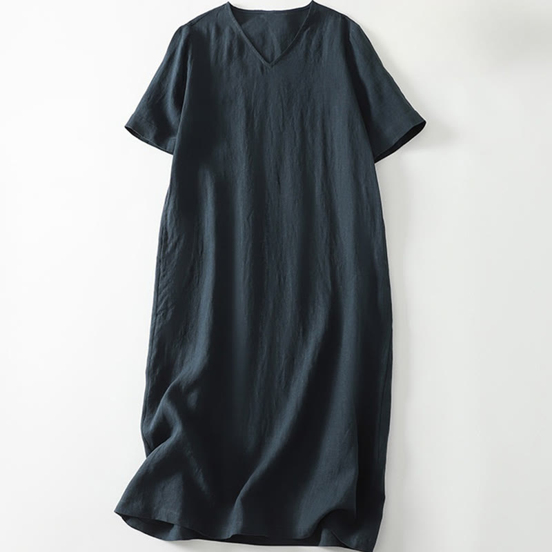 Vestido midi informal de verano con diseño sencillo, cuello en V, manga corta, de algodón y lino, con bolsillos y estampado de Buddha Stones - Azul medianoche - US8-10，UK/AU12-14，EU40-42 (2XL) - image 9