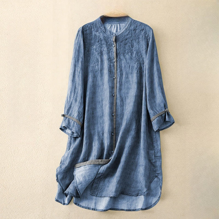 Vestido midi casual de verano con cuello alto y mangas tres cuartos, diseño de Buddha Stones y bordados. - Azul real - US8-10，UK/AU12-14，EU40-42 (2XL) - image 5