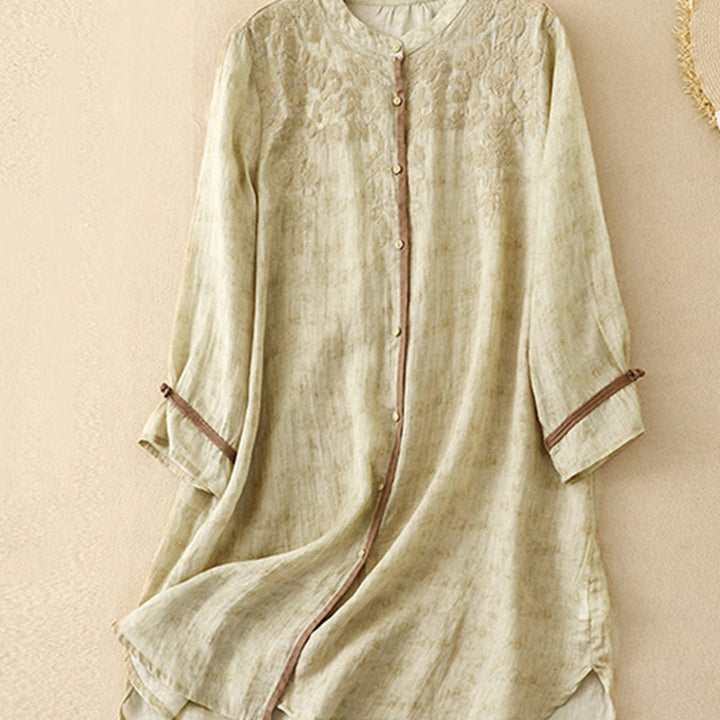 Vestido midi casual de verano con cuello alto y mangas tres cuartos, diseño de Buddha Stones y bordados. - image 9