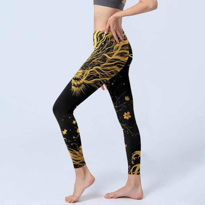 Leggings de yoga para mujer con estampado de dragón dorado y Buddha Stones