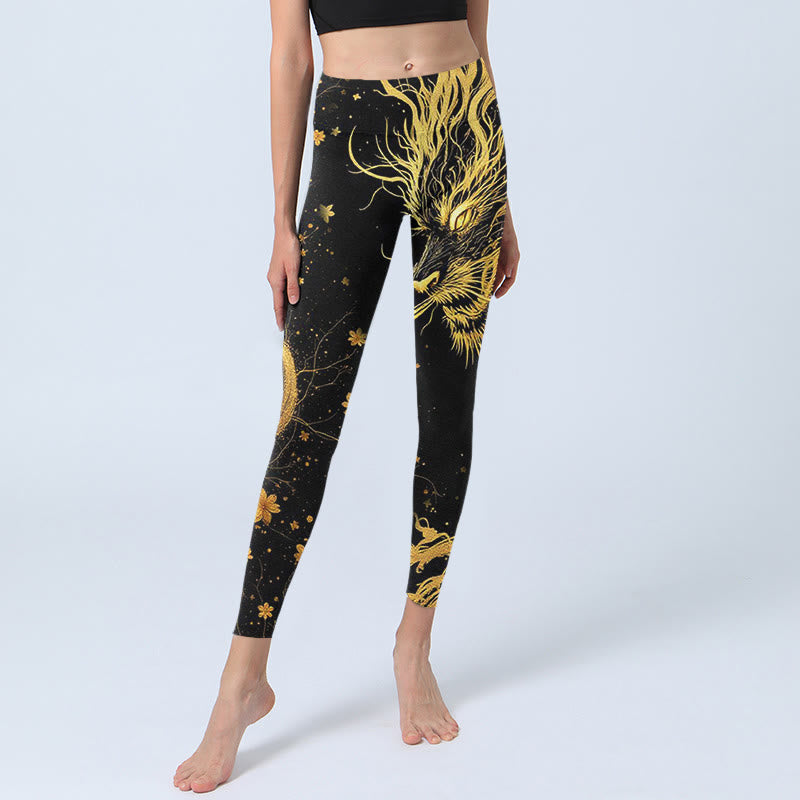 Leggings de yoga para mujer con estampado de dragón dorado y Buddha Stones