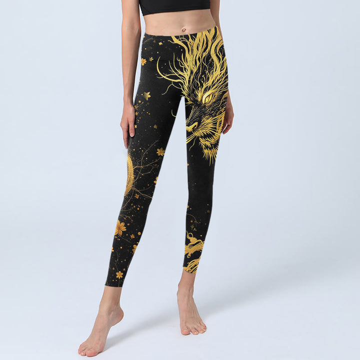 Leggings de yoga para mujer con estampado de dragón dorado y Buddha Stones