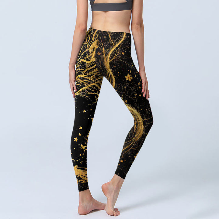 Leggings de yoga para mujer con estampado de dragón dorado y Buddha Stones