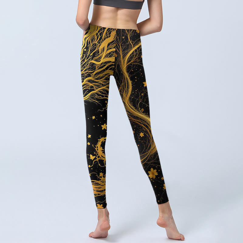 Leggings de yoga para mujer con estampado de dragón dorado y Buddha Stones