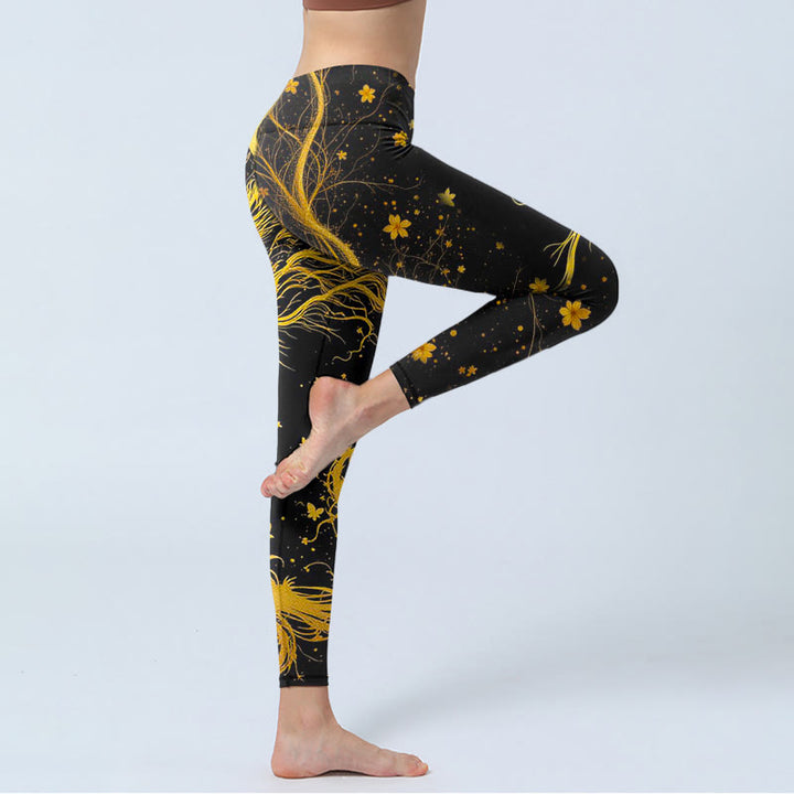 Leggings de yoga para mujer con estampado de dragón dorado y Buddha Stones