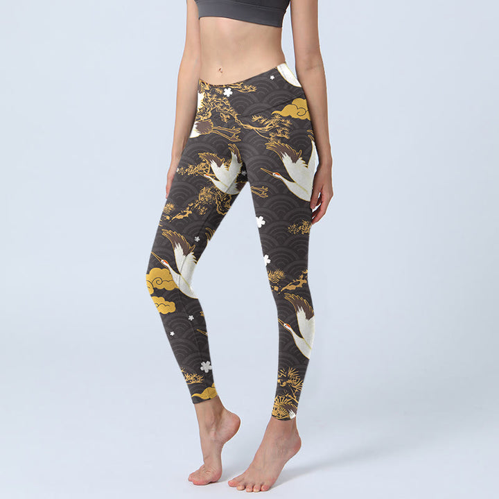 Leggings de yoga para mujer con estampado de Buddha Stones, nube dorada, rama de pino, grulla y ondas - Negro - US18，UK/AU22，EU50 (4XL) - image 1