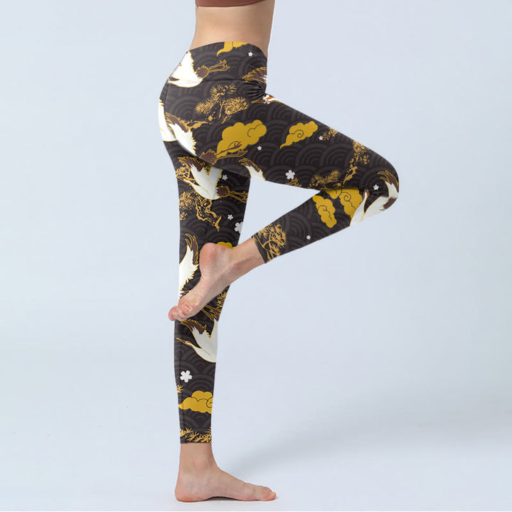 Leggings de yoga para mujer con estampado de Buddha Stones, nube dorada, rama de pino, grulla y ondas - image 4