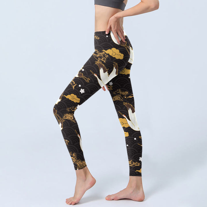 Leggings de yoga para mujer con estampado de Buddha Stones, nube dorada, rama de pino, grulla y ondas - image 3