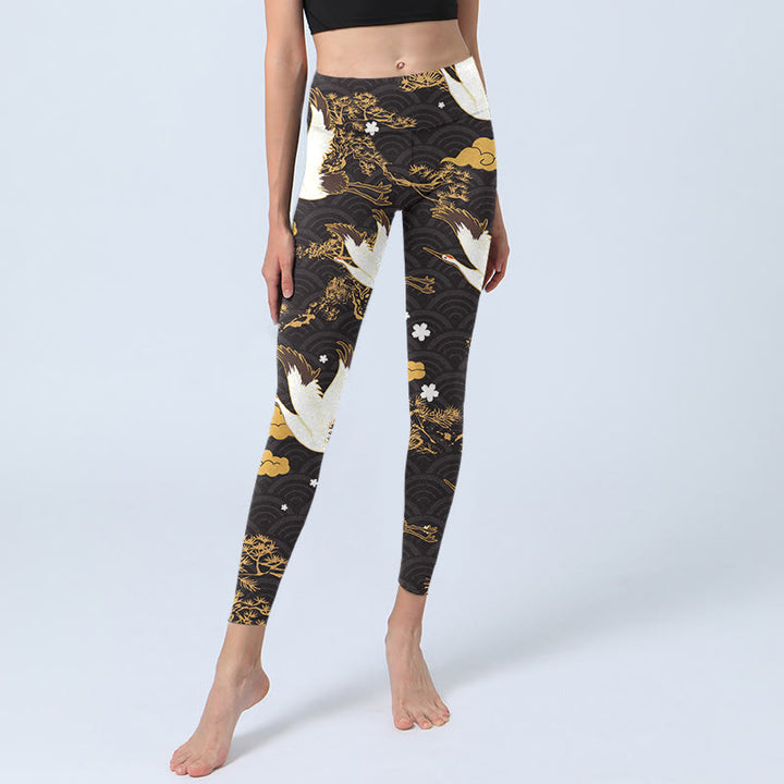 Leggings de yoga para mujer con estampado de Buddha Stones, nube dorada, rama de pino, grulla y ondas - image 5