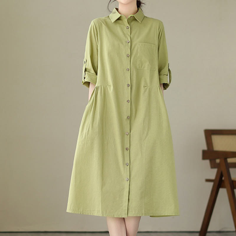 Vestido midi informal de verano con botones lisos y cuello alto, manga tres cuartos, acrílico, con bolsillos y diseño de Buddha Stones - image 3