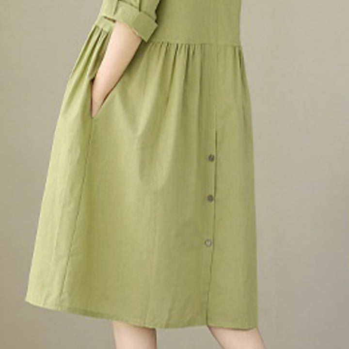 Vestido midi informal de verano con botones lisos y cuello alto, manga tres cuartos, acrílico, con bolsillos y diseño de Buddha Stones - image 5