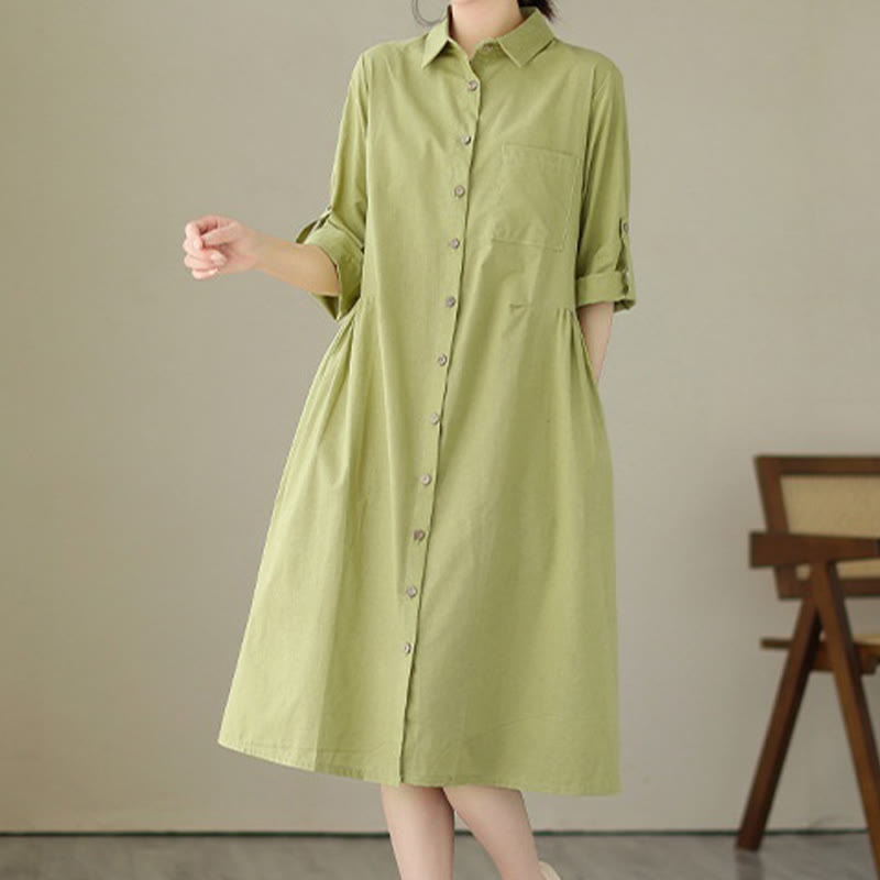 Vestido midi informal de verano con botones lisos y cuello alto, manga tres cuartos, acrílico, con bolsillos y diseño de Buddha Stones