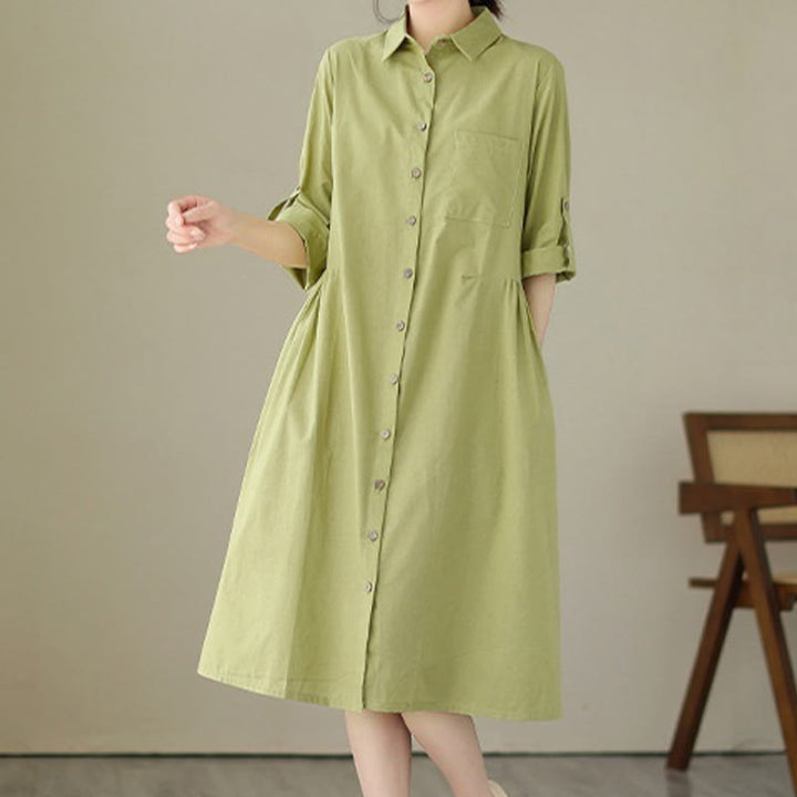 Vestido midi informal de verano con botones lisos y cuello alto, manga tres cuartos, acrílico, con bolsillos y diseño de Buddha Stones