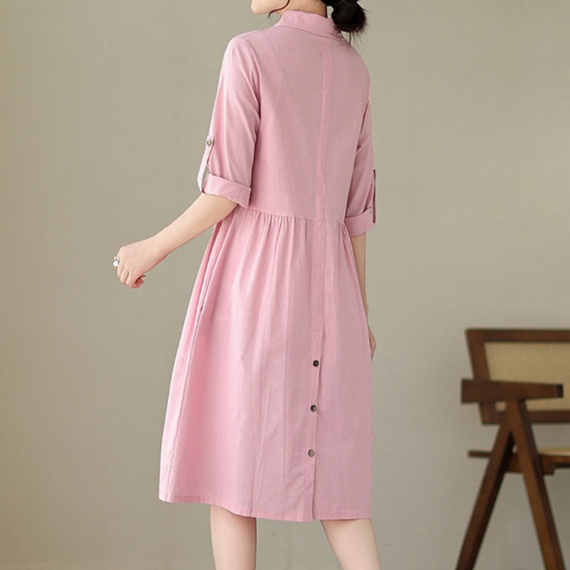 Vestido midi informal de verano con botones lisos y cuello alto, manga tres cuartos, acrílico, con bolsillos y diseño de Buddha Stones