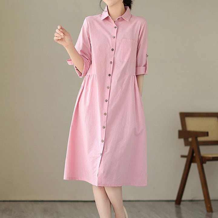 Vestido midi informal de verano con botones lisos y cuello alto, manga tres cuartos, acrílico, con bolsillos y diseño de Buddha Stones