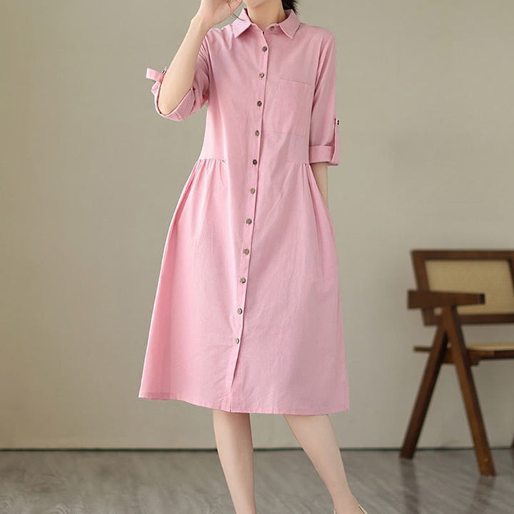Vestido midi informal de verano con botones lisos y cuello alto, manga tres cuartos, acrílico, con bolsillos y diseño de Buddha Stones