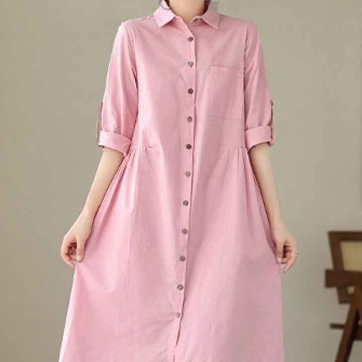 Vestido midi informal de verano con botones lisos y cuello alto, manga tres cuartos, acrílico, con bolsillos y diseño de Buddha Stones - image 14